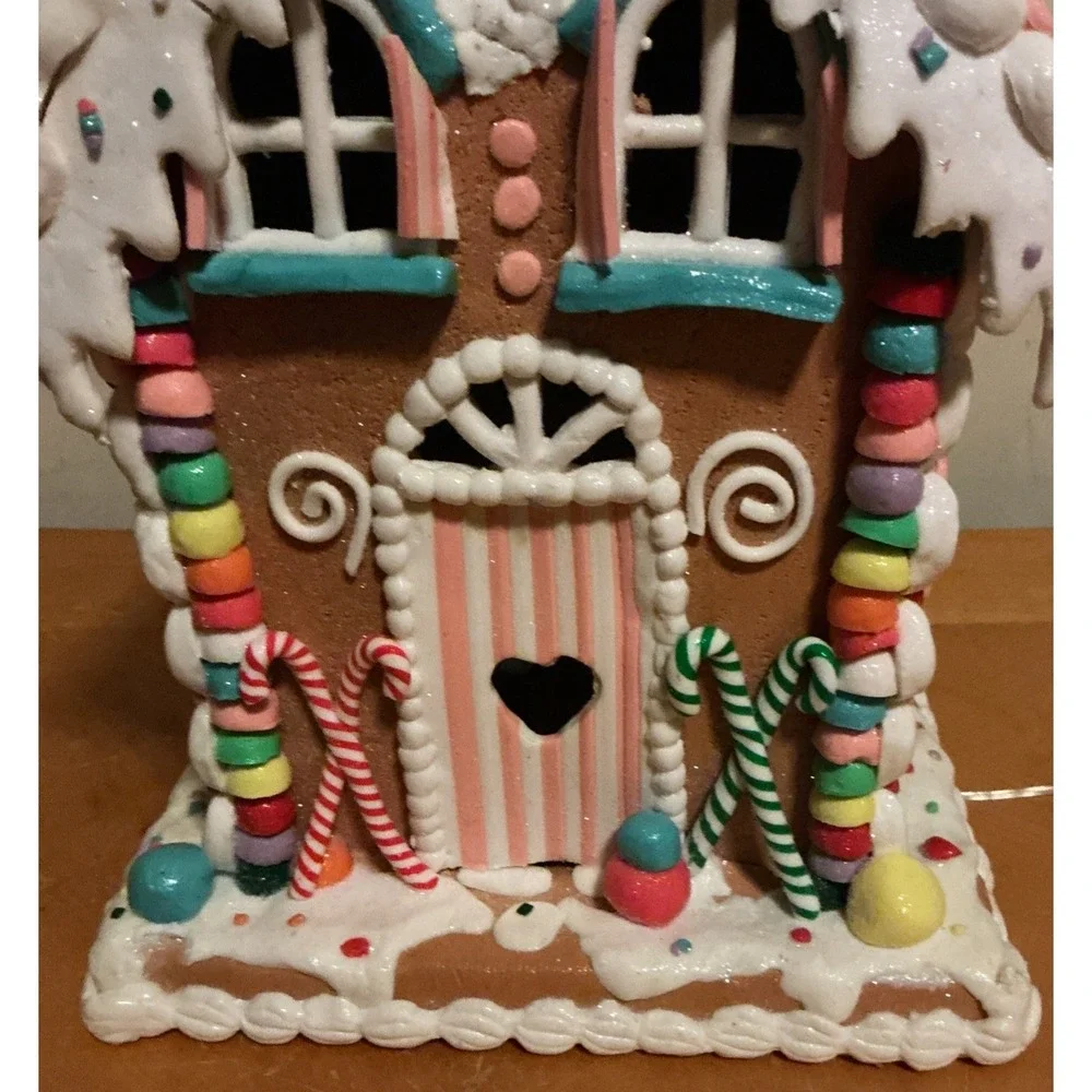 Claydough Gingerbread Lighted House 13.5" Tall Candy Canes Gumdrops - Picture 3 of 15